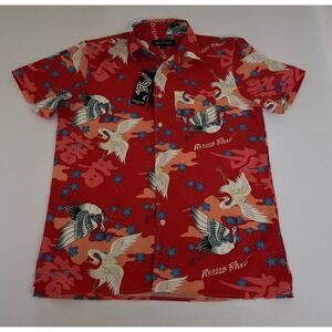 Reason Brand Mens Button Up Short Sleeve Shirt Red Crane Asian Scene Size M